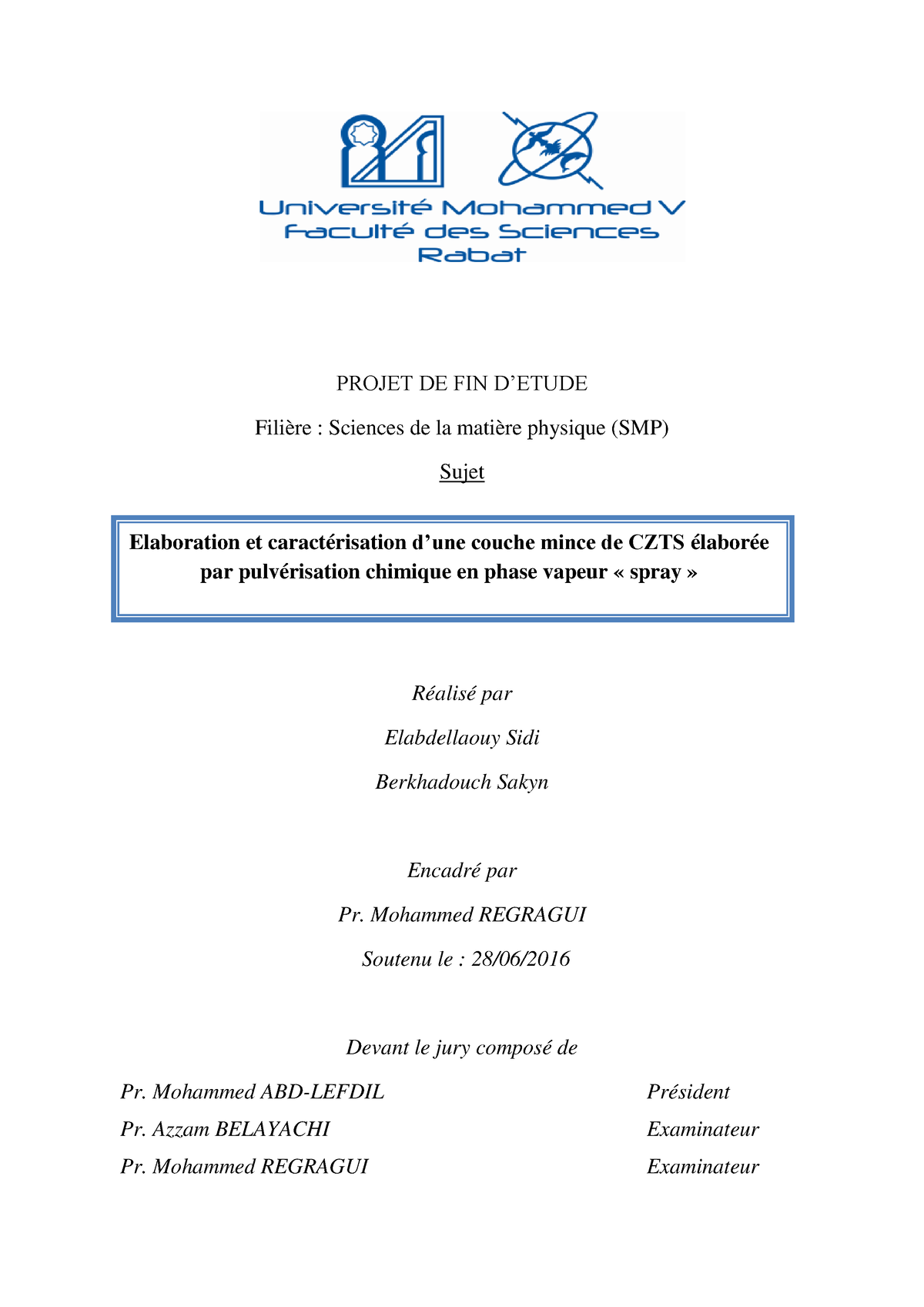 SDIC-PL0313 - PFE CHIMIE - PROJET DE FIN D’ETUDE Filière : Sciences De ...