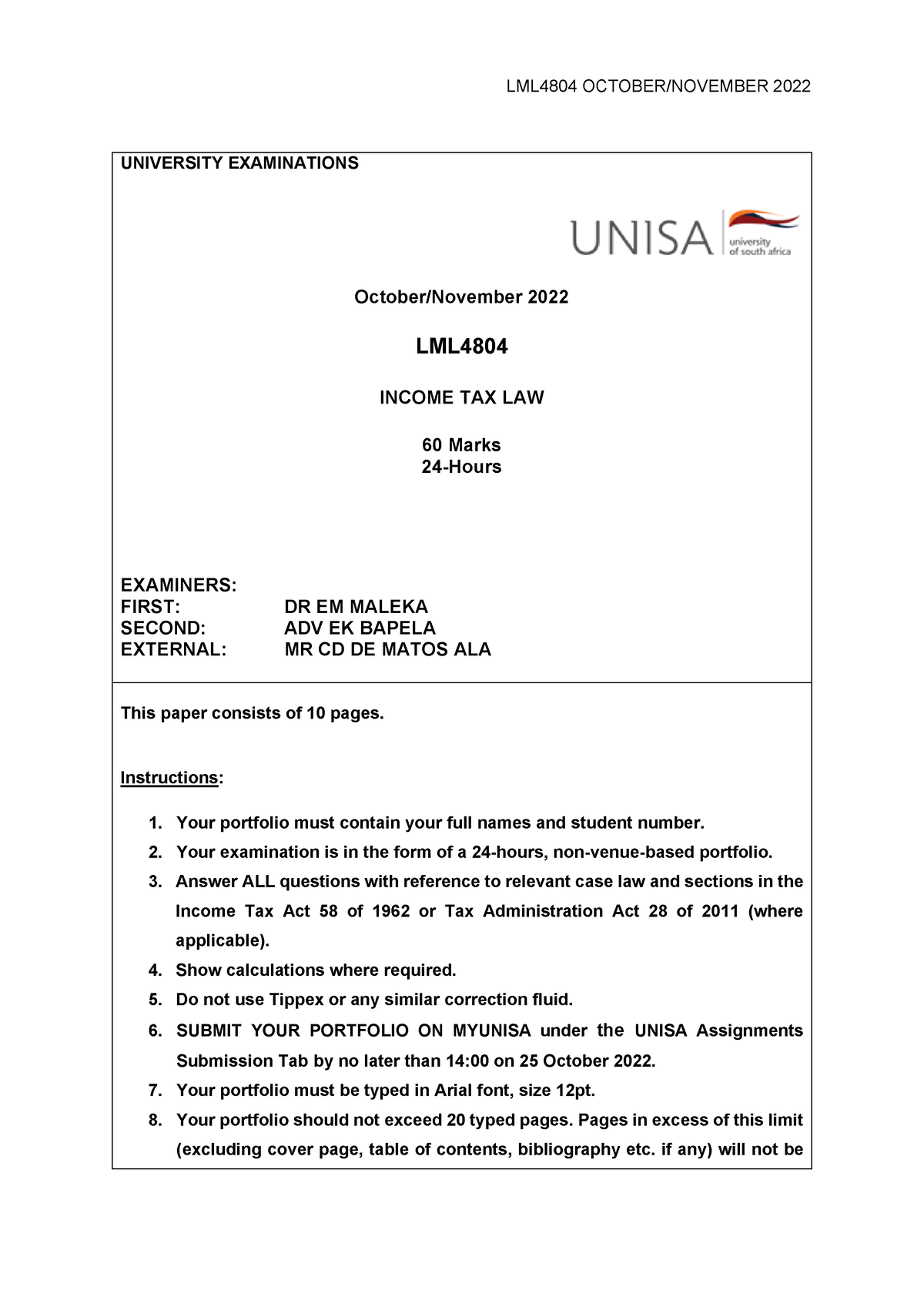 LML4804 2022 Oct Nov Examination - UNIVERSITY EXAMINATIONS October ...