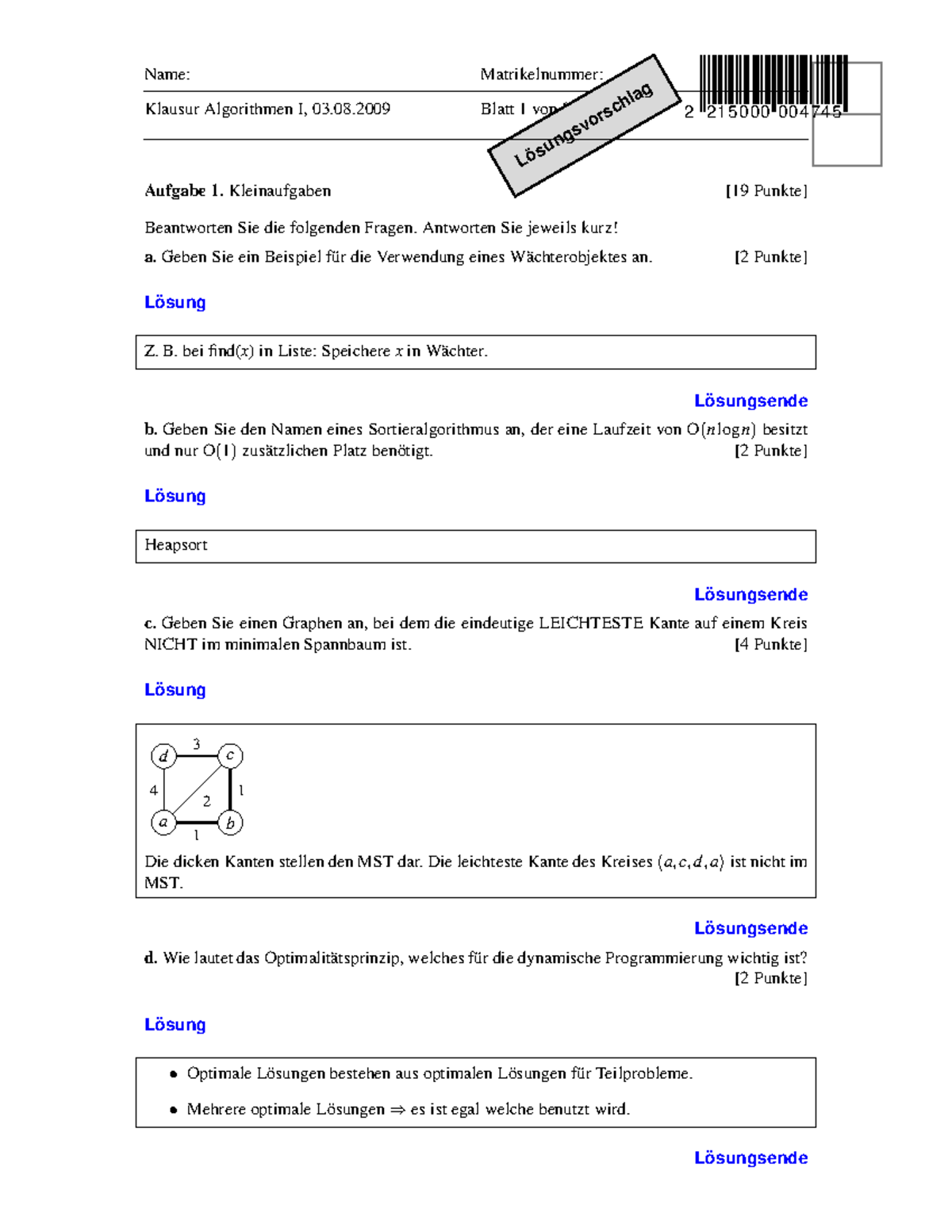 Erdkunde Klausur Musterlösung Pdf 540 - Beste Erdkunde Übung - Klausur Algorithmen I, 03.08 Blatt 1 von 9