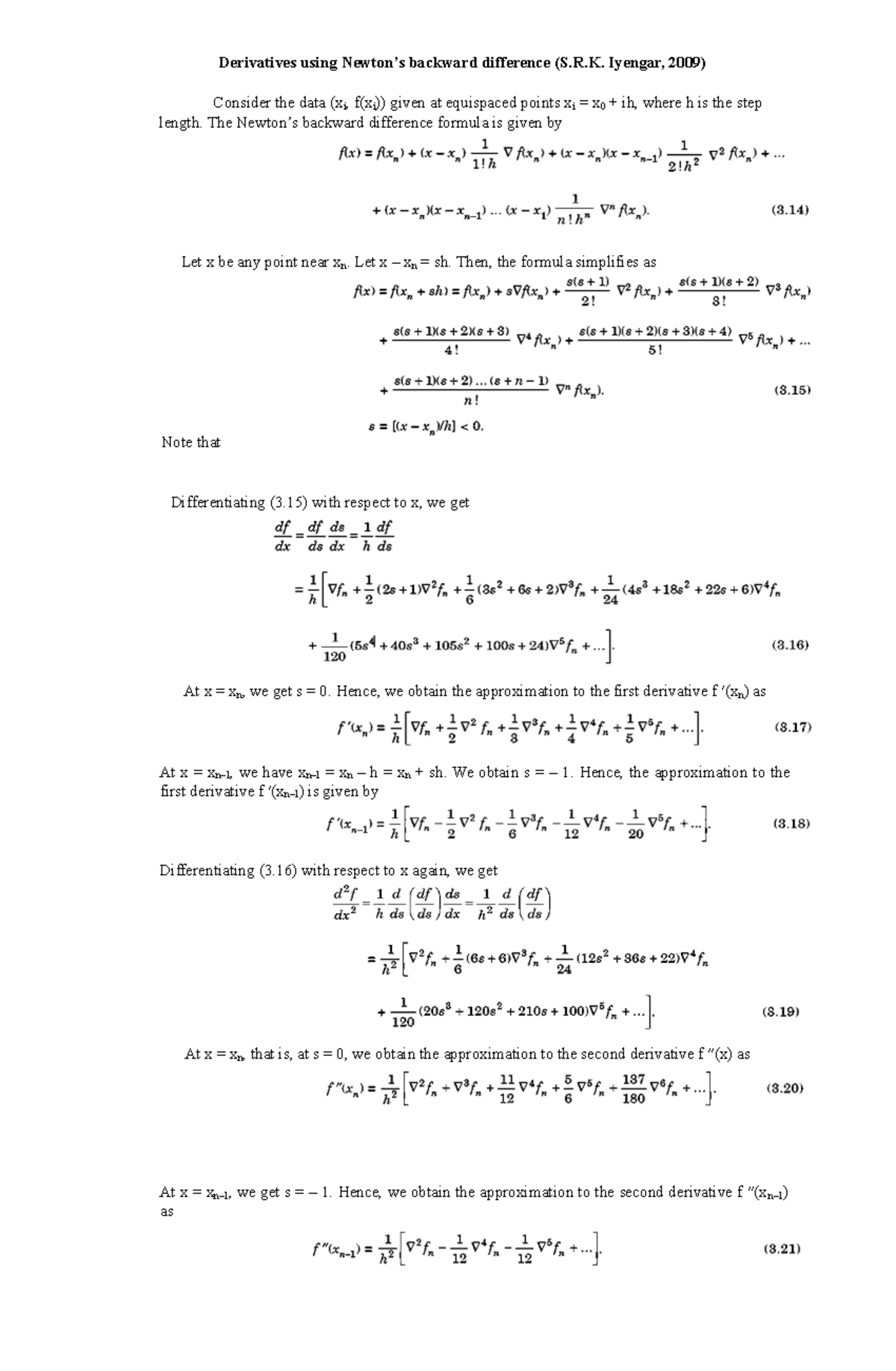 Derivatives using Newton’s backward difference (S.R.K. Iyengar, 2009 ...