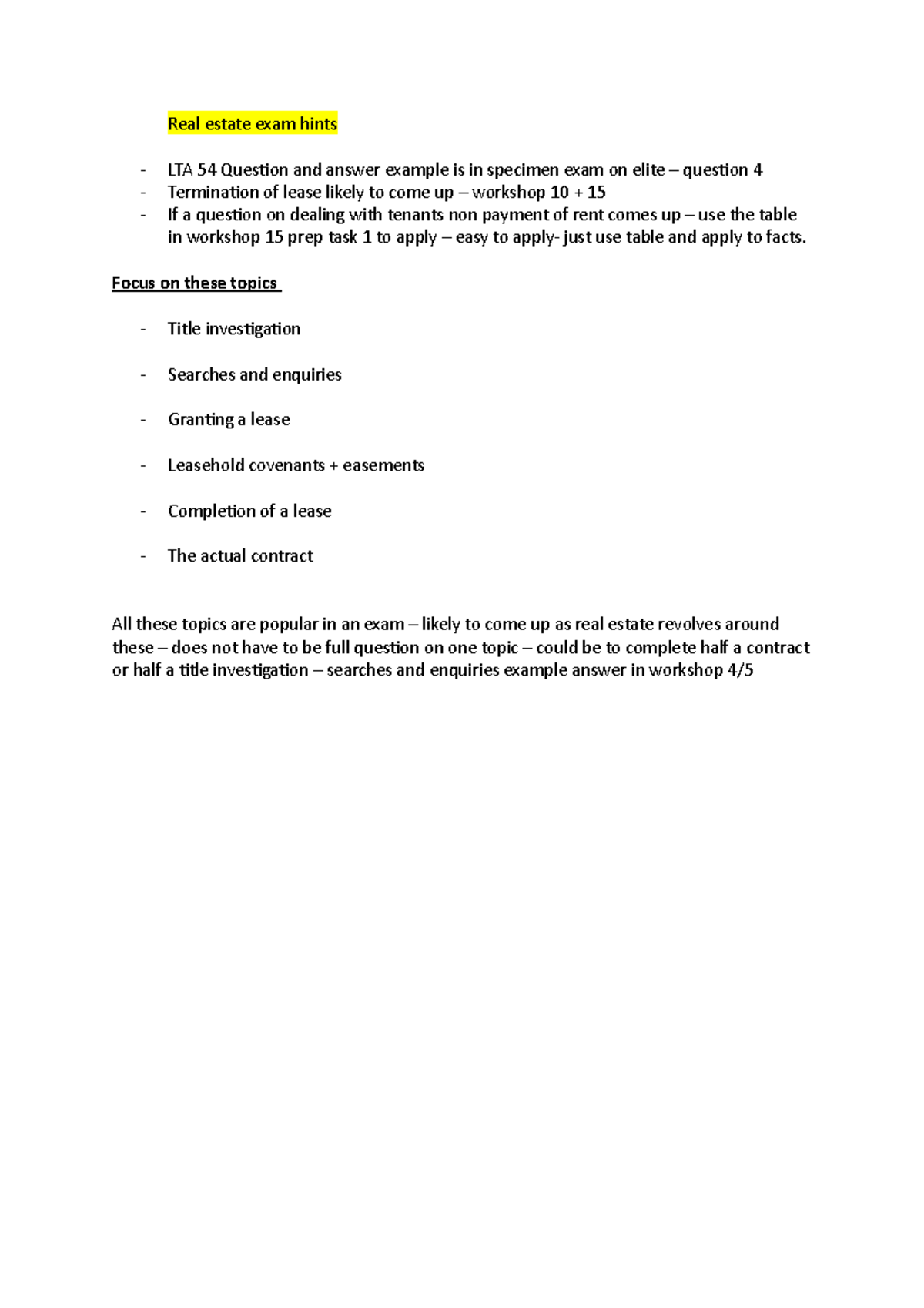 Real estate exam hints Real estate exam hints LTA 54 Question and