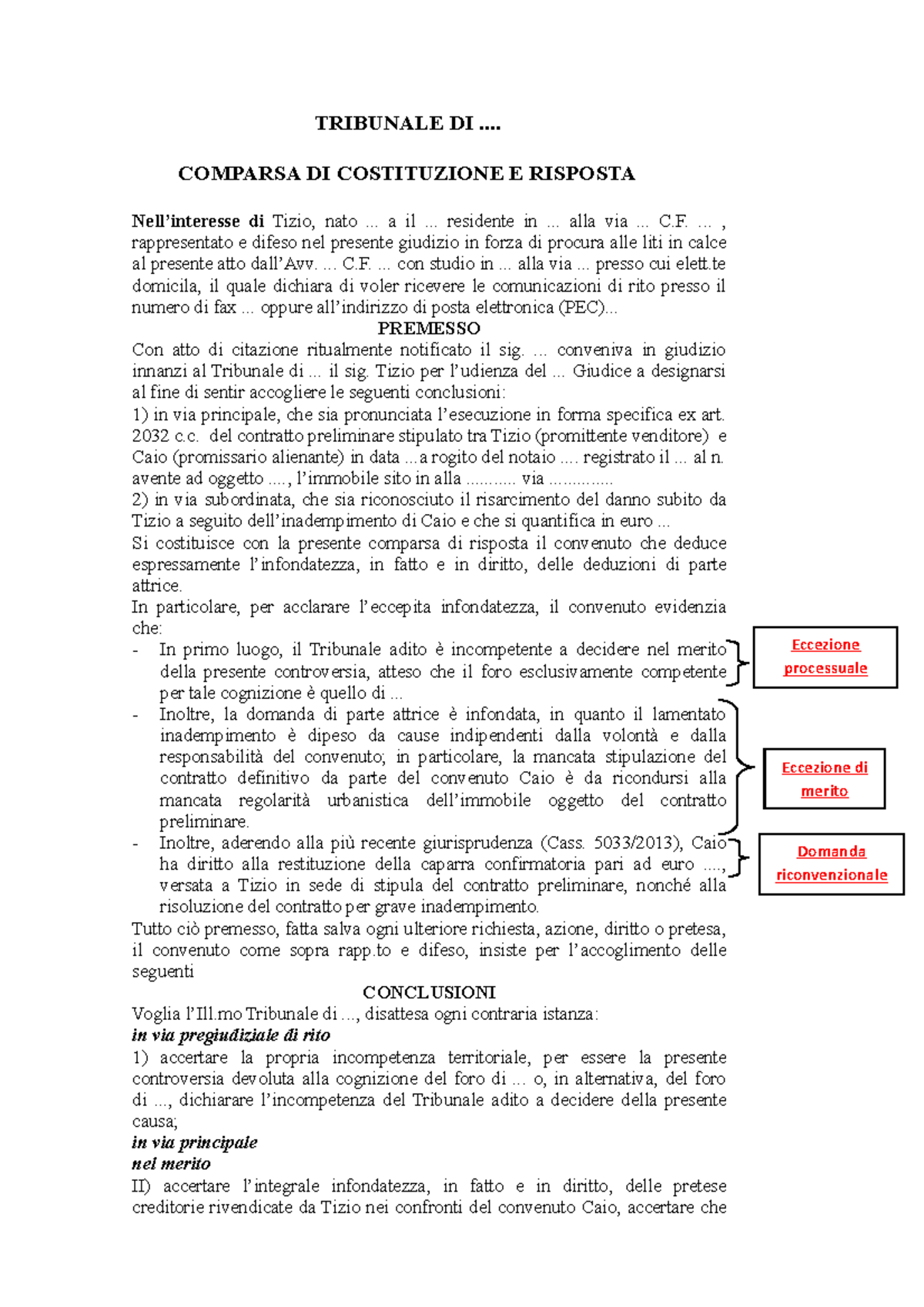 fac simile comparsa di costituzione e risposta