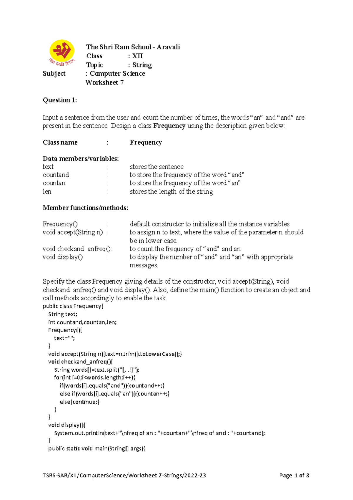 Strings - 21 351 + - The Shri Ram School - Aravali Class : XII Topic ...