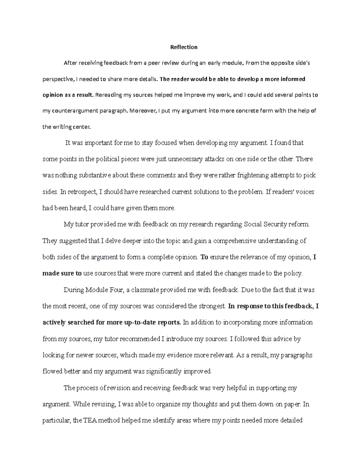 Reflection 1 - classwork - Reflection After receiving feedback from a ...