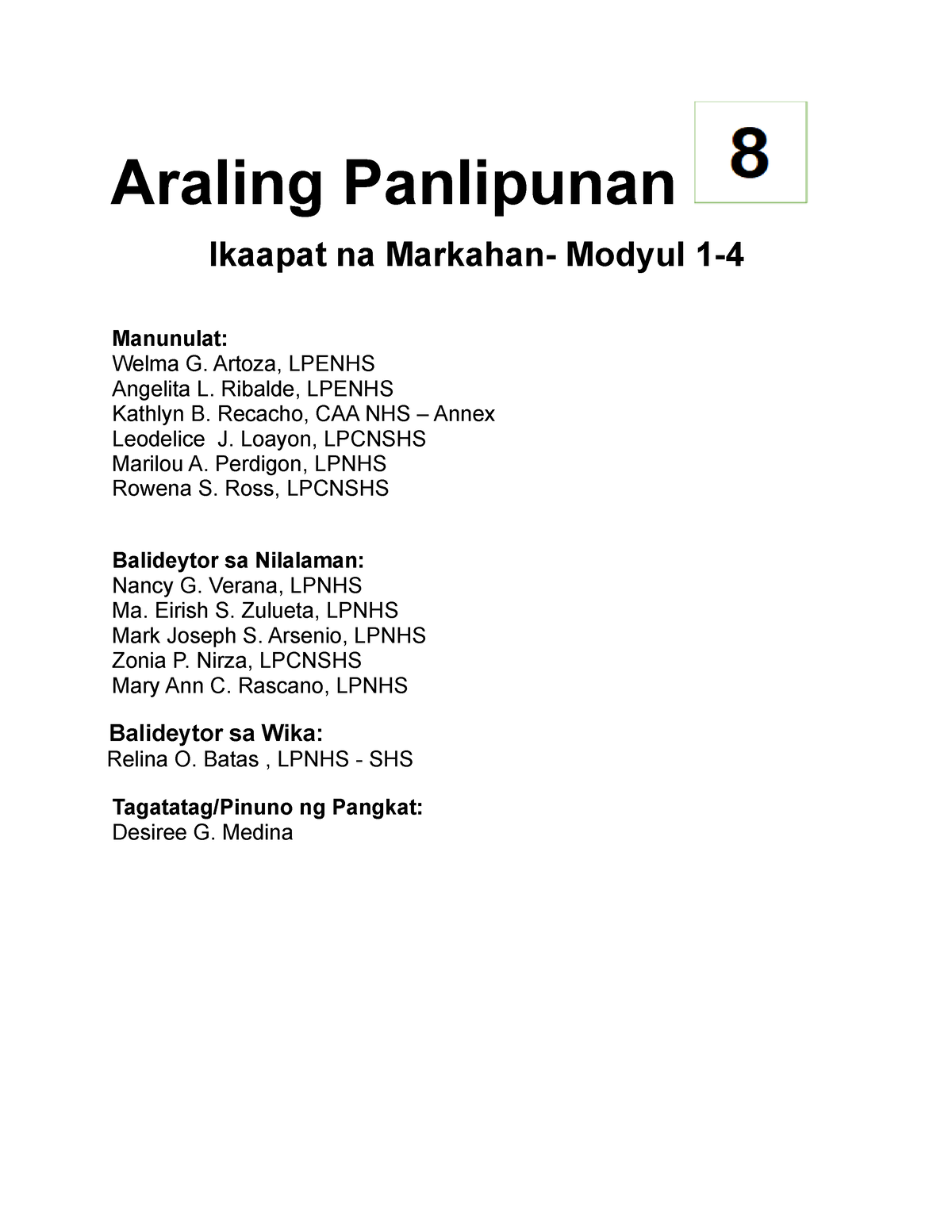 AP8 Week 1-4 - Modules - Araling Panlipunan Ikaapat Na Markahan- Modyul ...