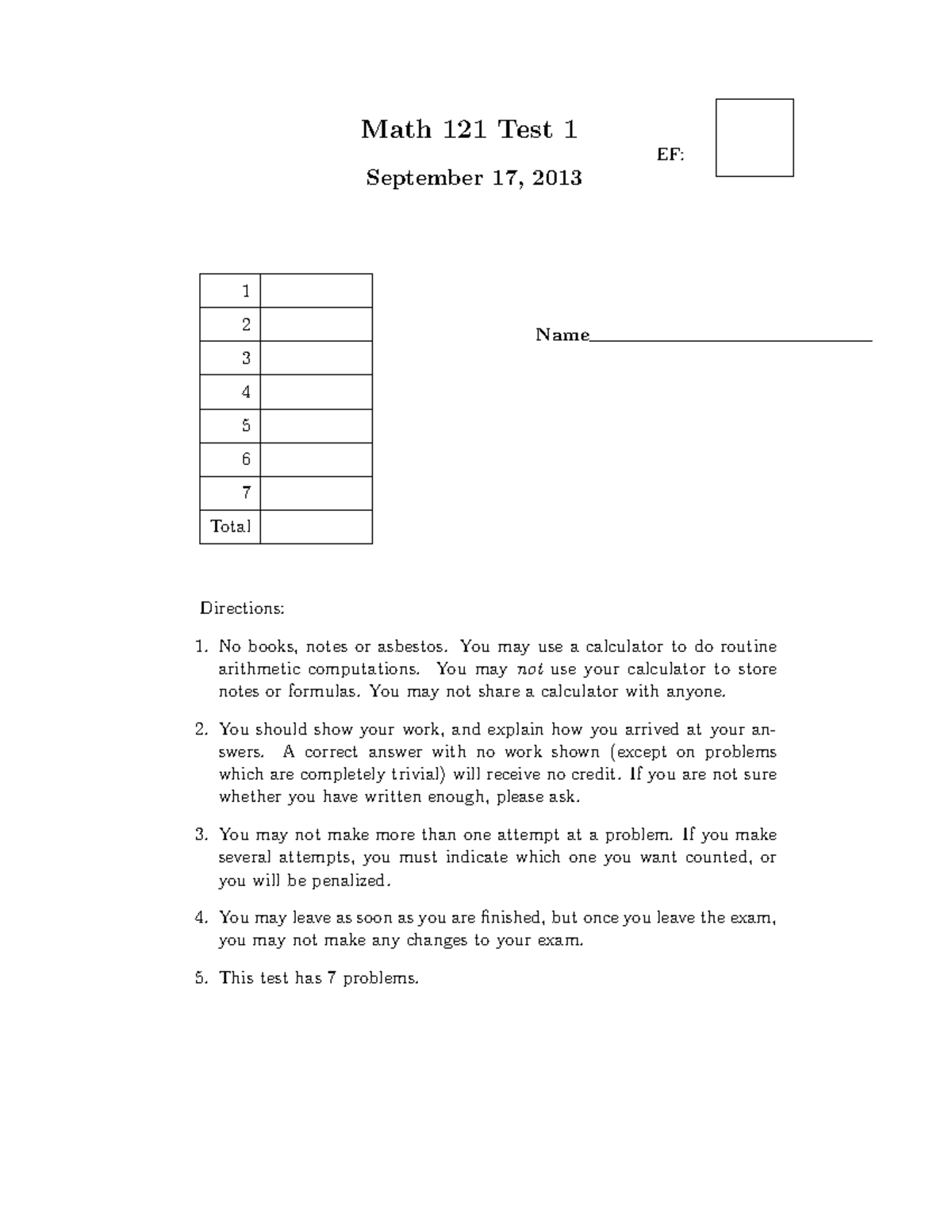 2013 Practice paper for the first exam - Math 121 Test 1 September 17 ...
