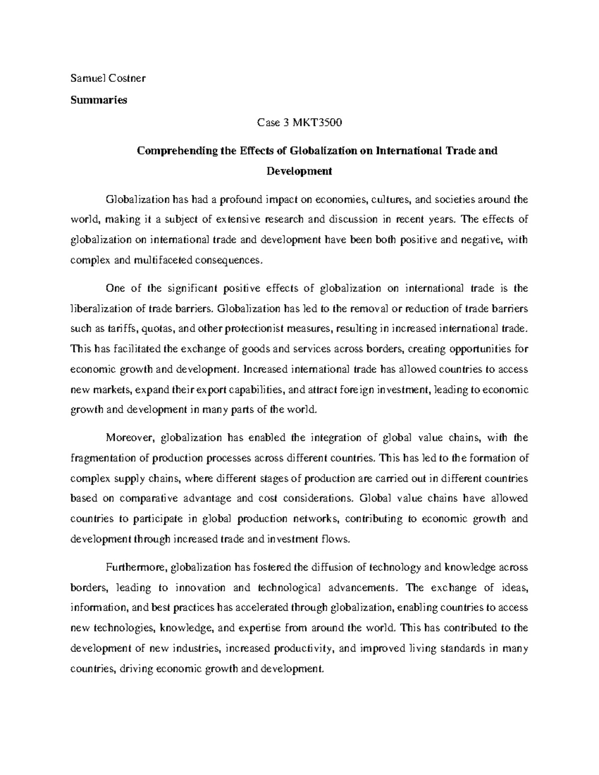 Case 1 MKT3500 - Comprehending the Effects of Globalization on ...
