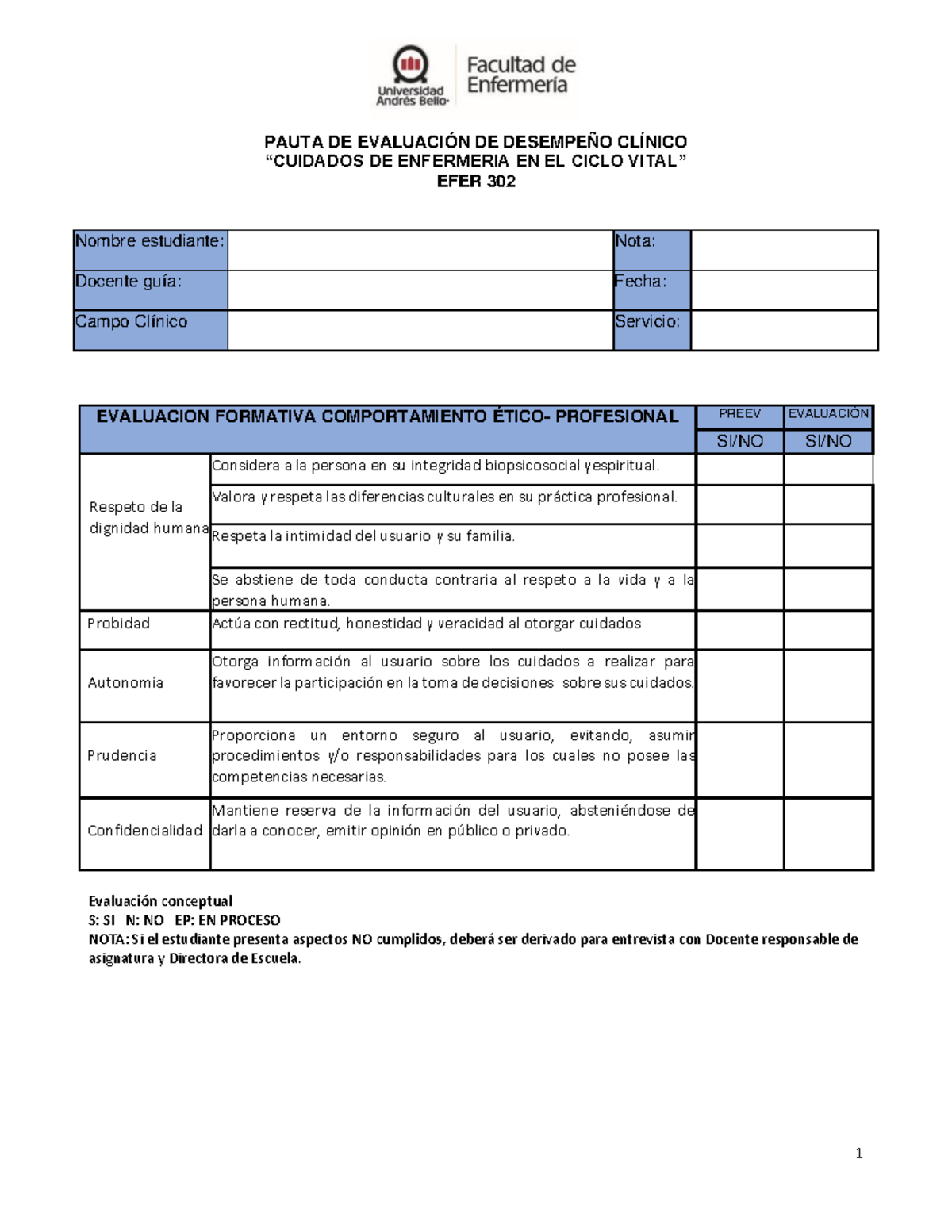 Pauta Evaluación DE Desempeño Experiencia Clinica EFER 302 2023 - PAUTA ...