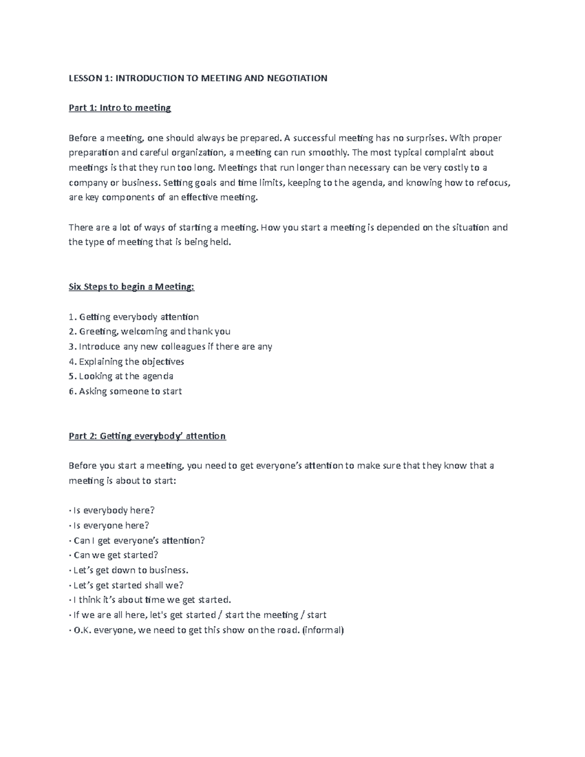 Complete Lessons FOR Meetings - LESSON 1: INTRODUCTION TO MEETING AND ...