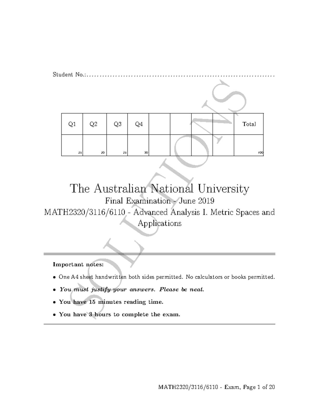 Final Exam 2019, answers - SOLUTIONS Student No