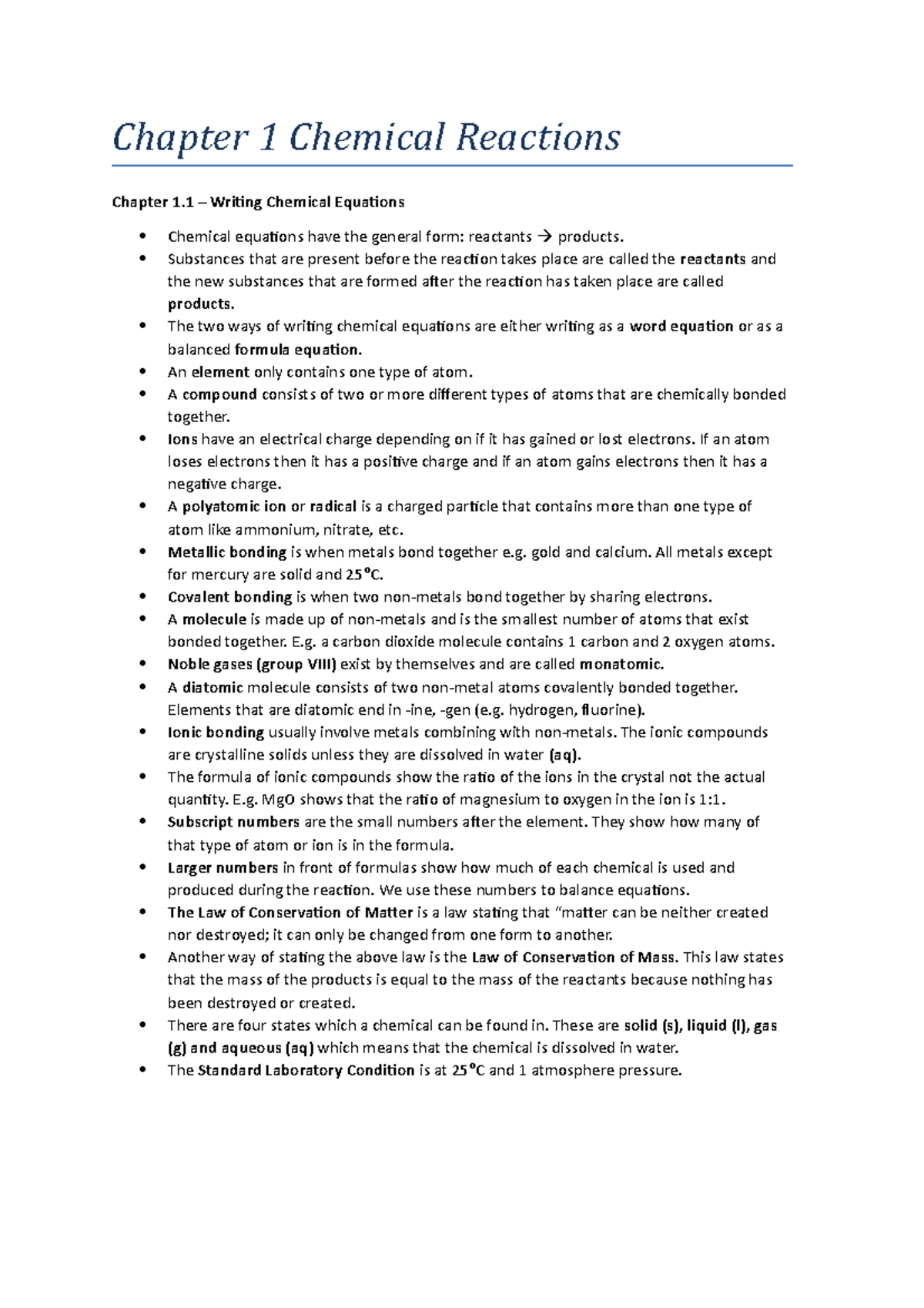 234409691 Science Notes - Chapter 1 Chemical Reactions Chapter 1 ...