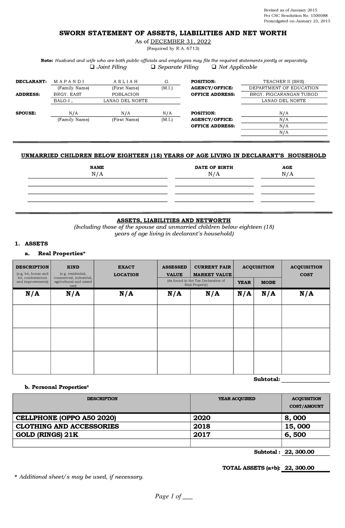 2015 SALN Form - AAAA - Page 1 of ___ Revised as of January 2015 Per ...