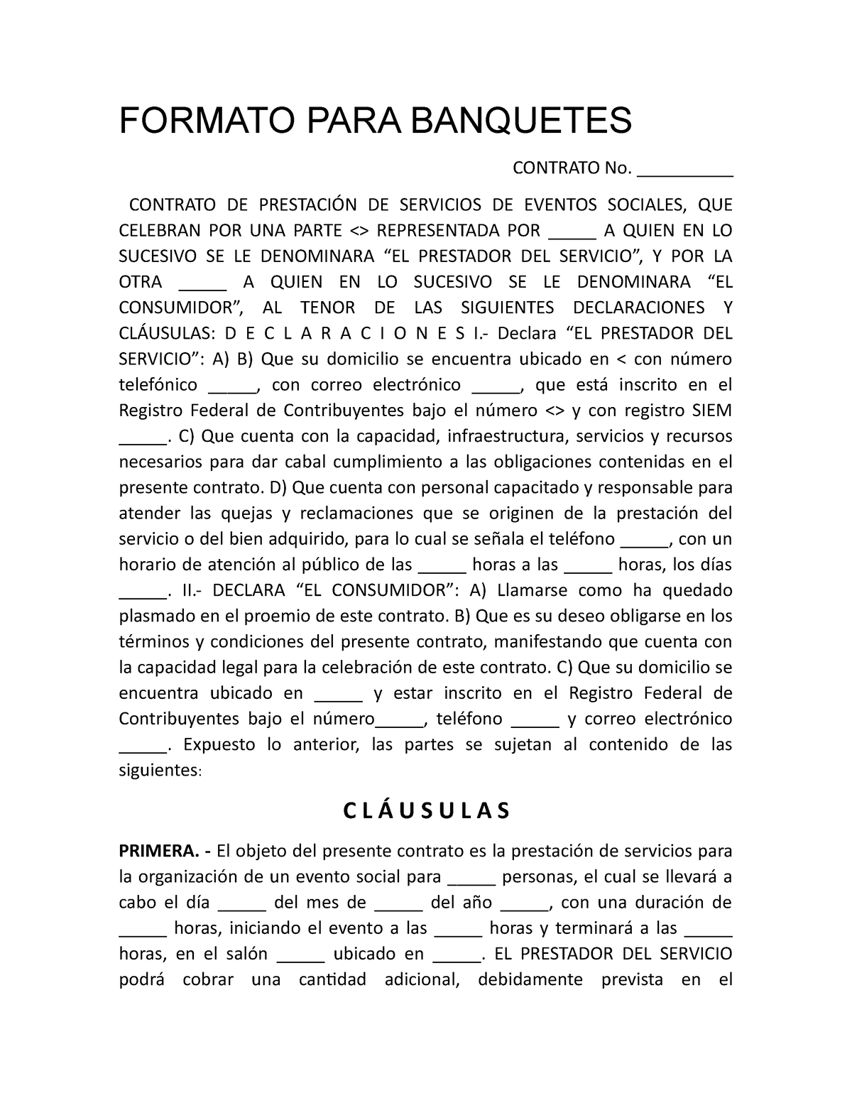 Formato Para Banquetes Formato Para Banquetes Contrato No Contrato De PrestaciÓn 