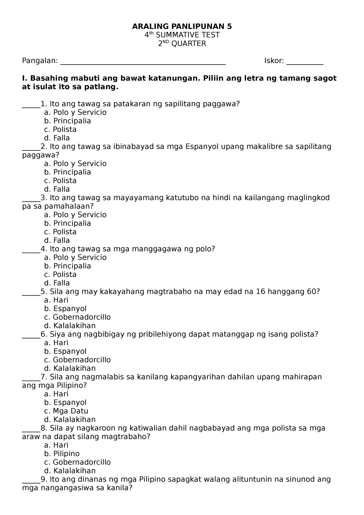 AP5 ST4 Q2 - Test - ARALING PANLIPUNAN 5 4 Th SUMMATIVE TEST 2 ND ...