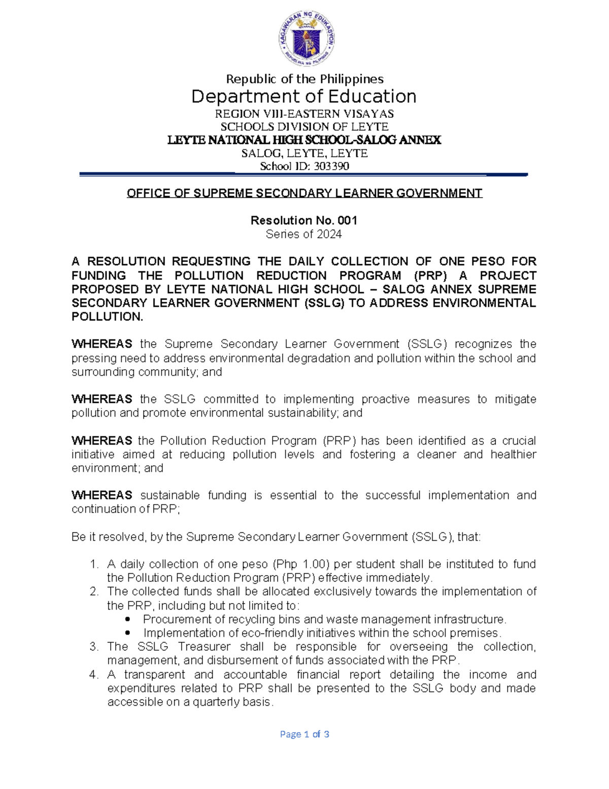 Resolution NO 001 - jvcjbbjcl - Republic of the Philippines Department ...