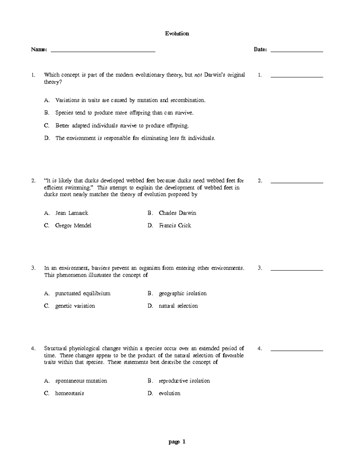 Evolution practice test - Name: Date: Which concept is part of the ...