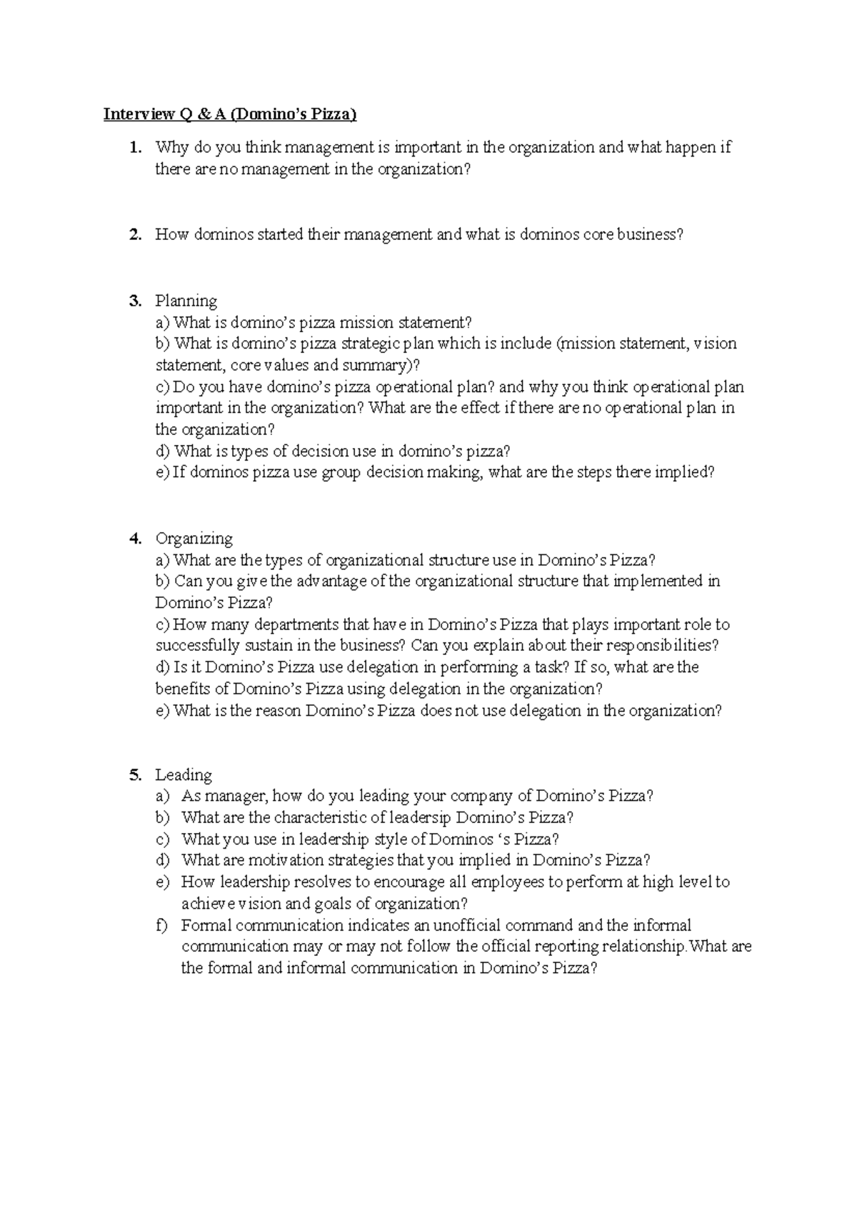 EXAMPLES OF INTERVIEW QUESTION FOR ASSINGMENT Interview Q & A (Domino