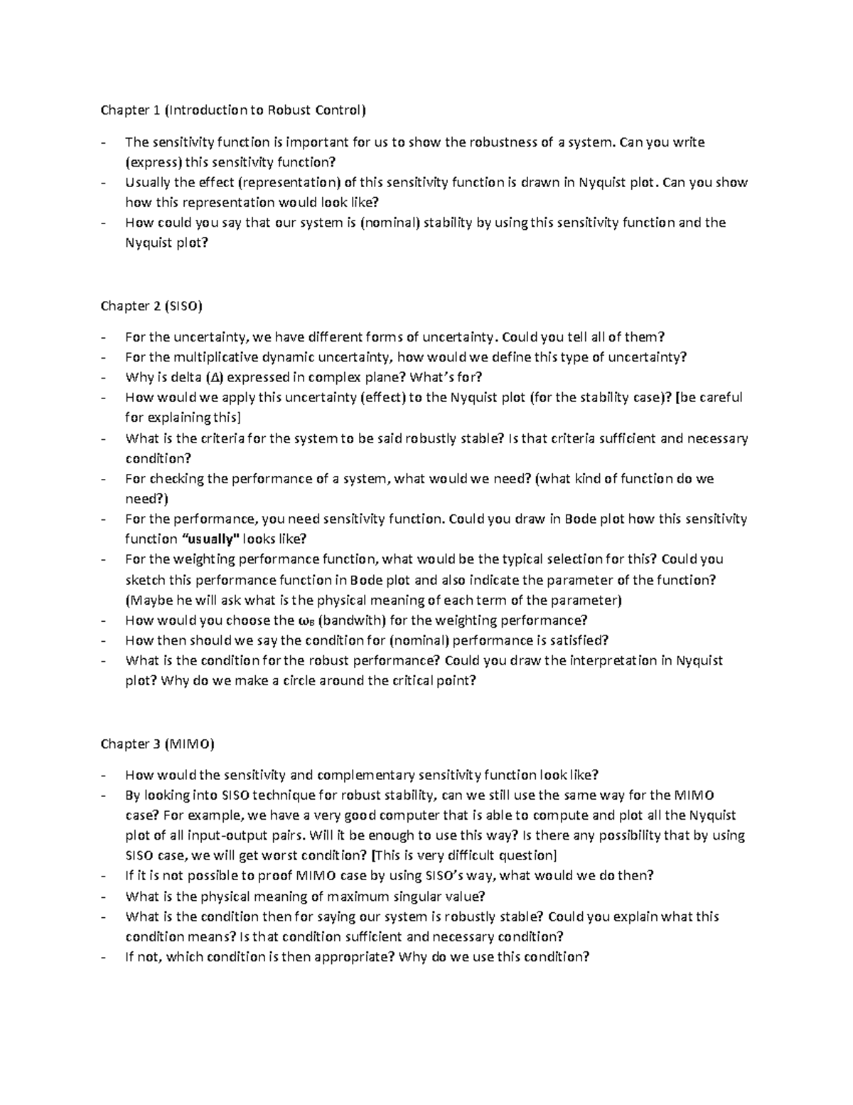 Fragebogen - Jul - Zusammenfassung Robust Control - Chapter 1 ...