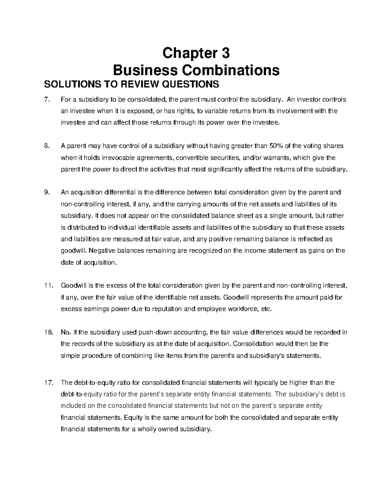 Chapter 3 Practice Questions Answers Chapter 3 Business Combinations SOLUTIONS TO REVIEW
