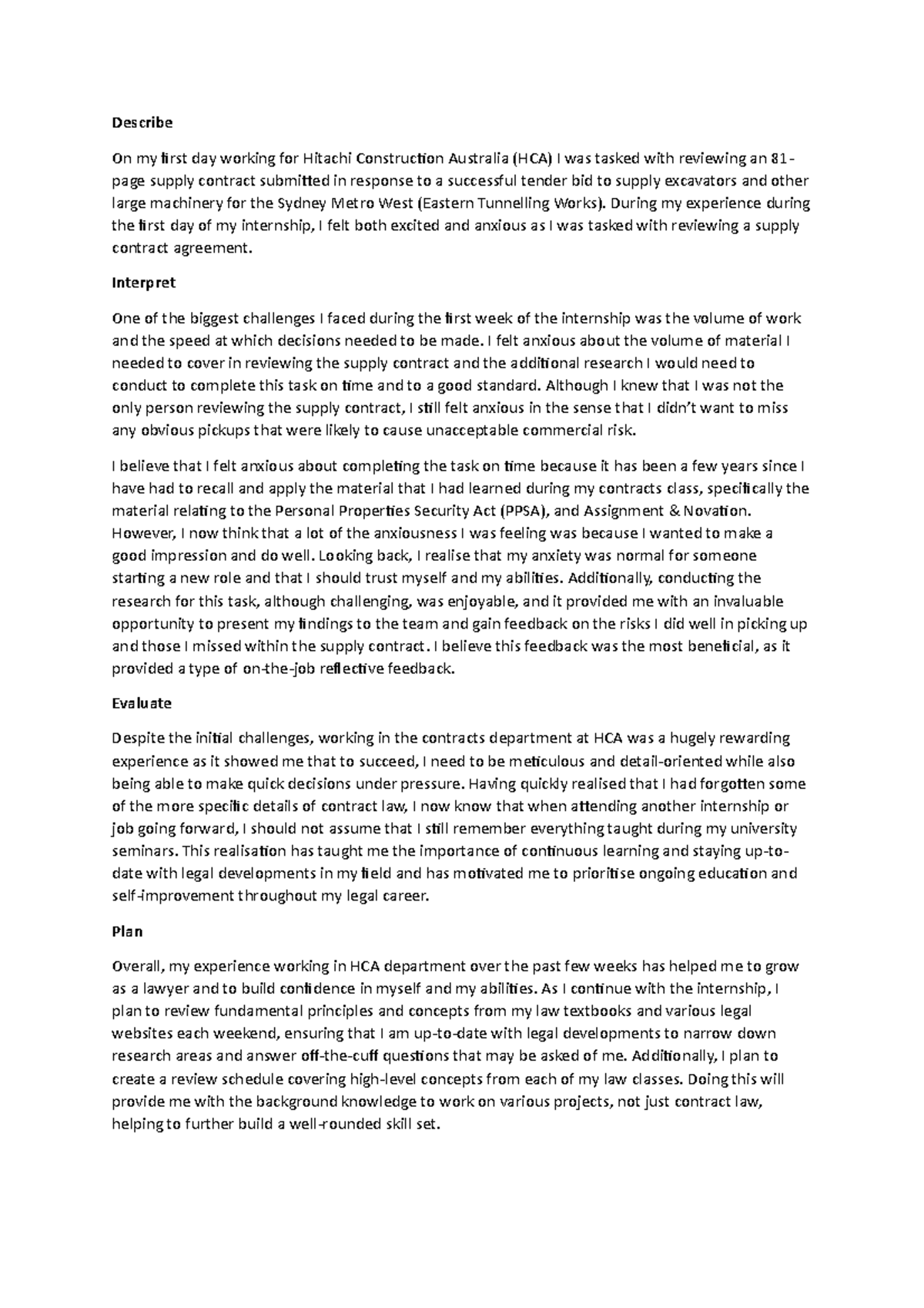 reflective essay for internship