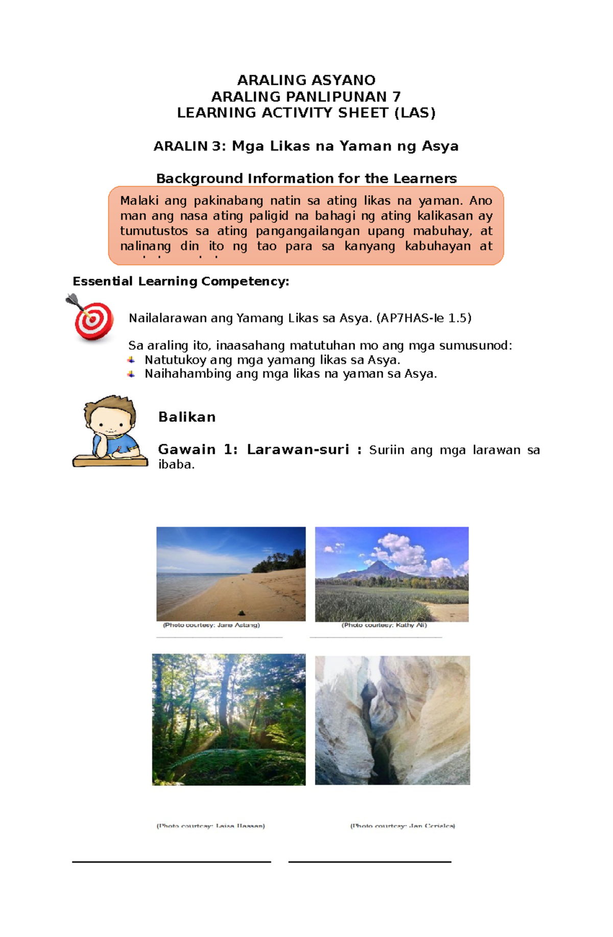 Araling Asyano - ARALING ASYANO ARALING PANLIPUNAN 7 LEARNING ACTIVITY ...