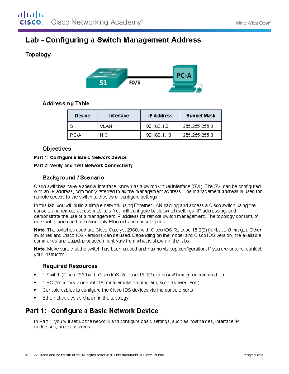 Lab Configuring a Switch Management Address - Studocu
