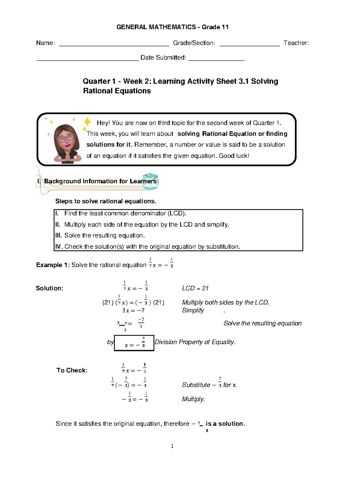 Q1 Week 2 LAS 3.1 Solving Rational Equations - GENERAL MATHEMATICS ...