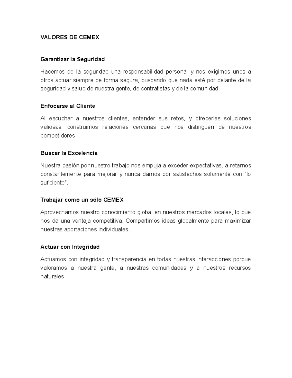 Valores DE Cemex - VALORES DE CEMEX Garantizar la Seguridad Hacemos de ...