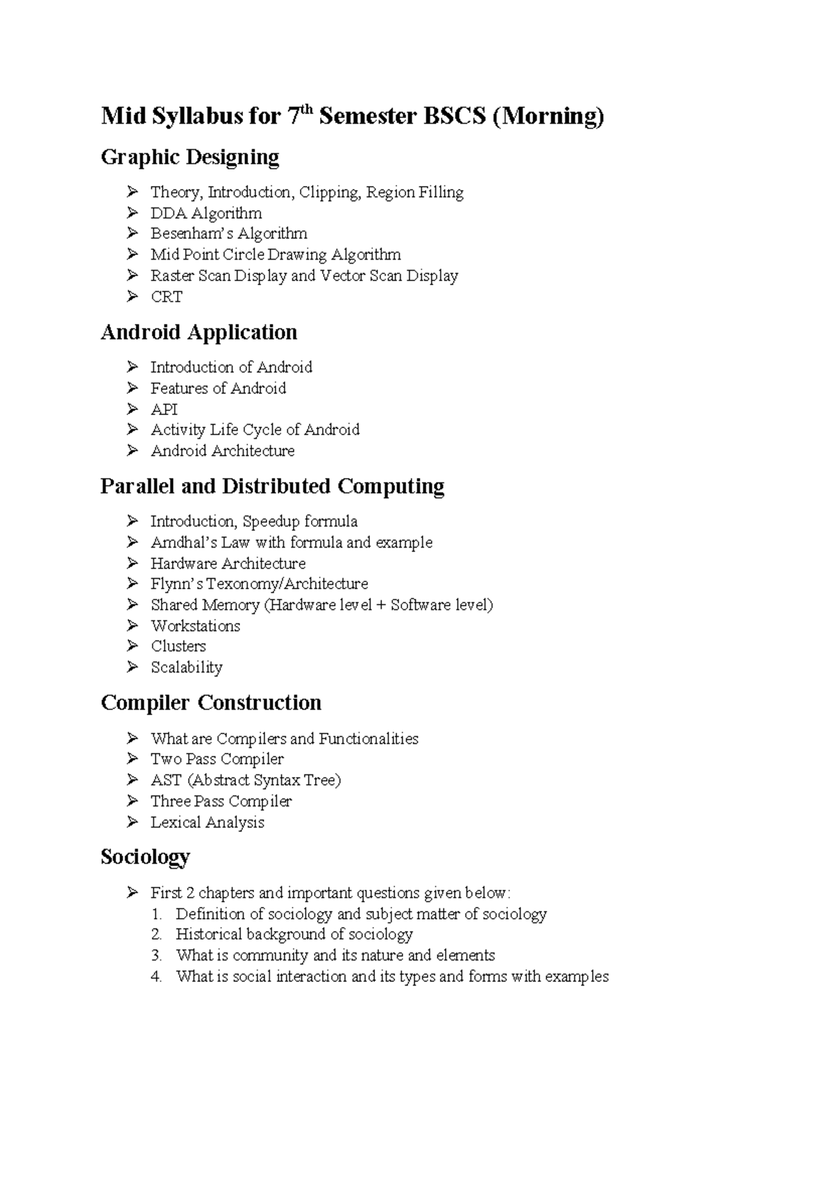 Mid Syllabus 7th Semester - Mid Syllabus for 7 th Semester BSCS ...