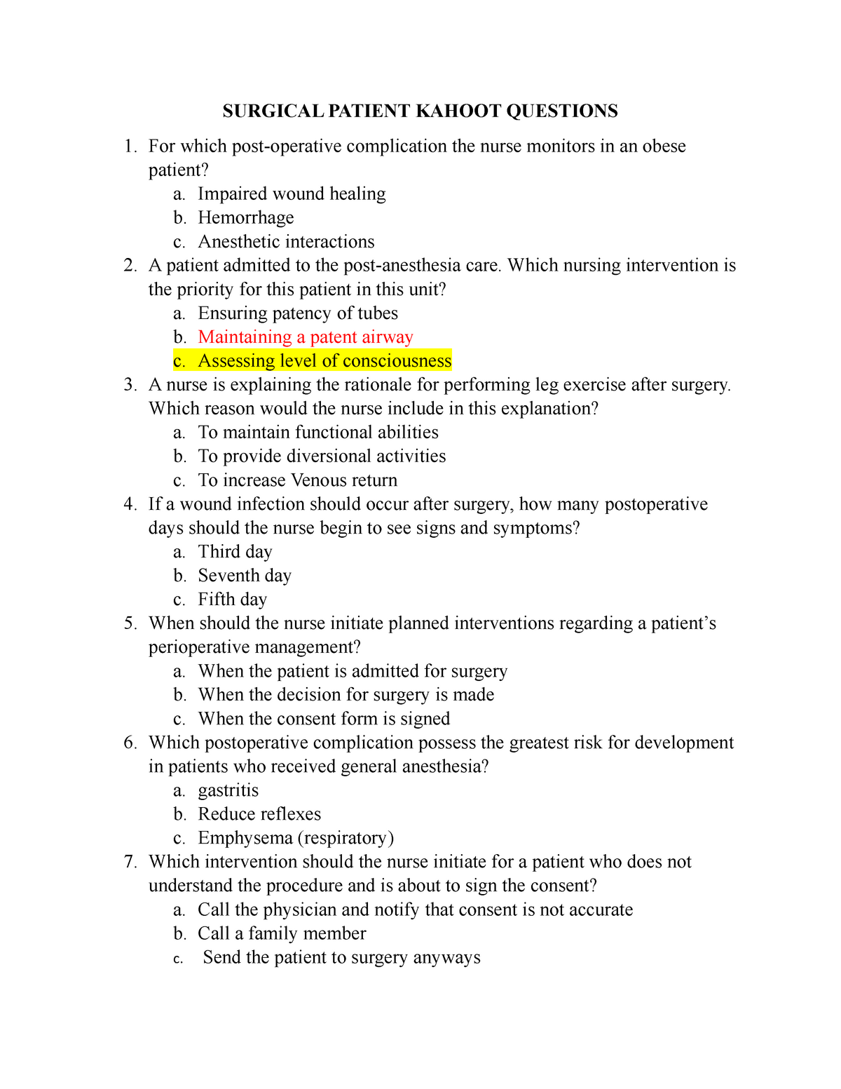 Surgical Patient Practice Questions. stud-1 - SURGICAL PATIENT KAHOOT  QUESTIONS For which - Studocu