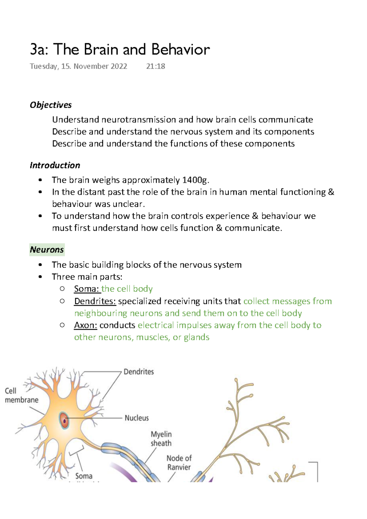 3a The Brain and Behaviour - Objectives Understand neurotransmission ...