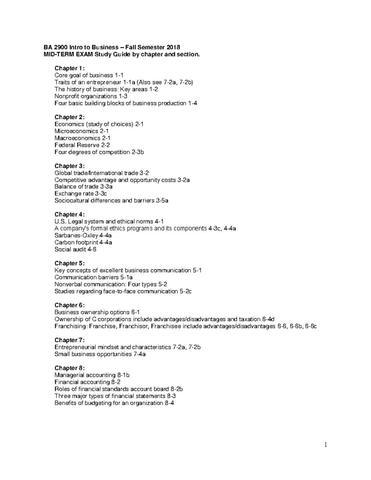 BA 2900 Midterm Study Guide - 1 BA 2900 Intro To Business – Fall ...