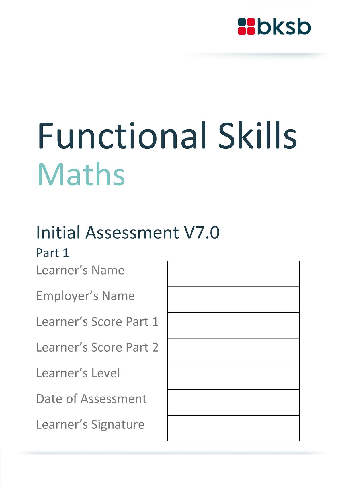 FS Maths Initial Assessment Part 1 V7 - Maths Functional Skills Initial ...