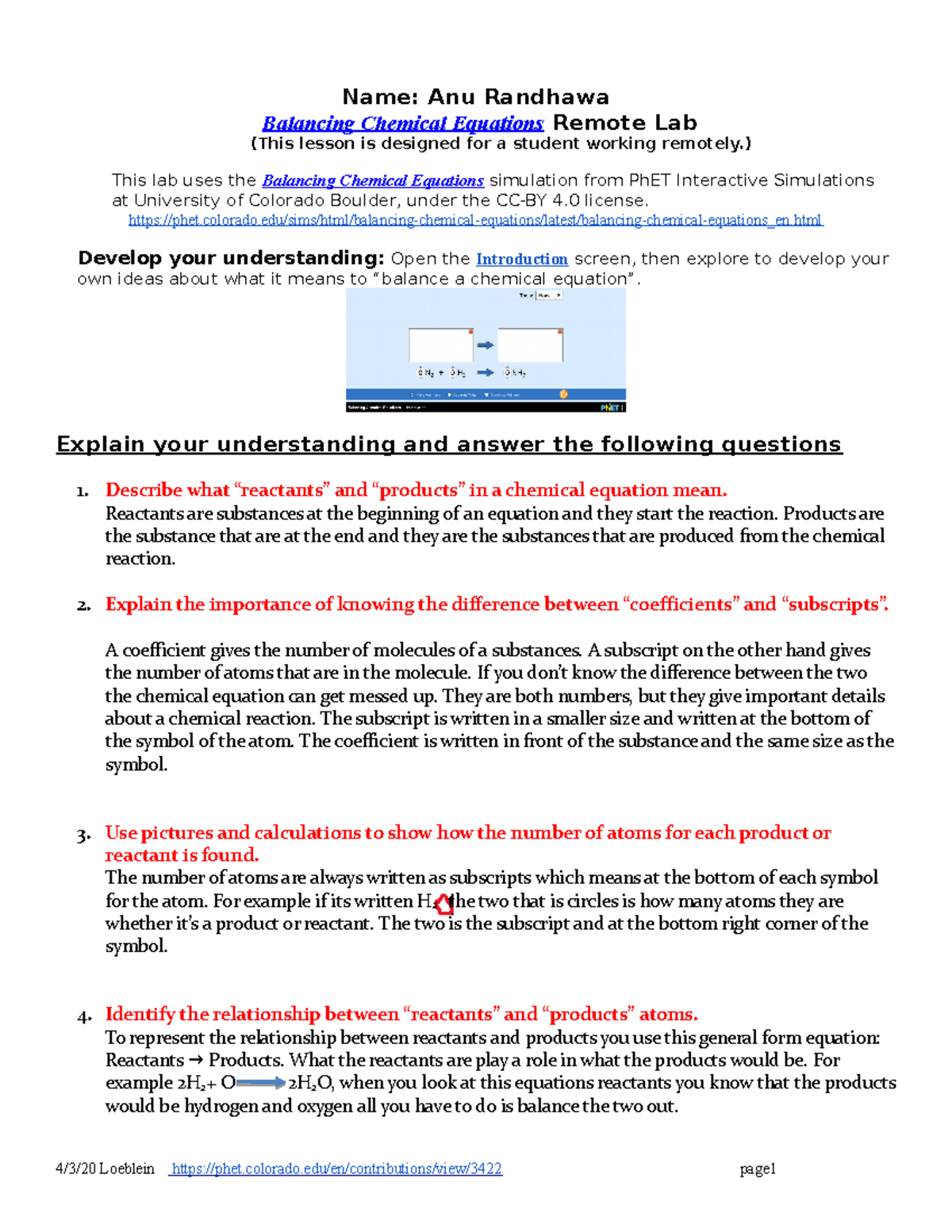 Balancing Chemical Equations Remote Lab - Anu Randhawa - Name: Anu ...