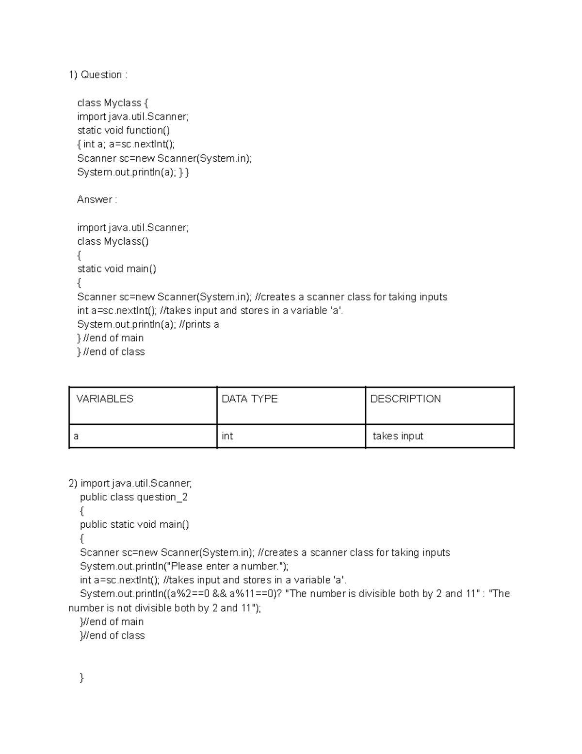 computer test on basics of java and scanner class. questions and ...