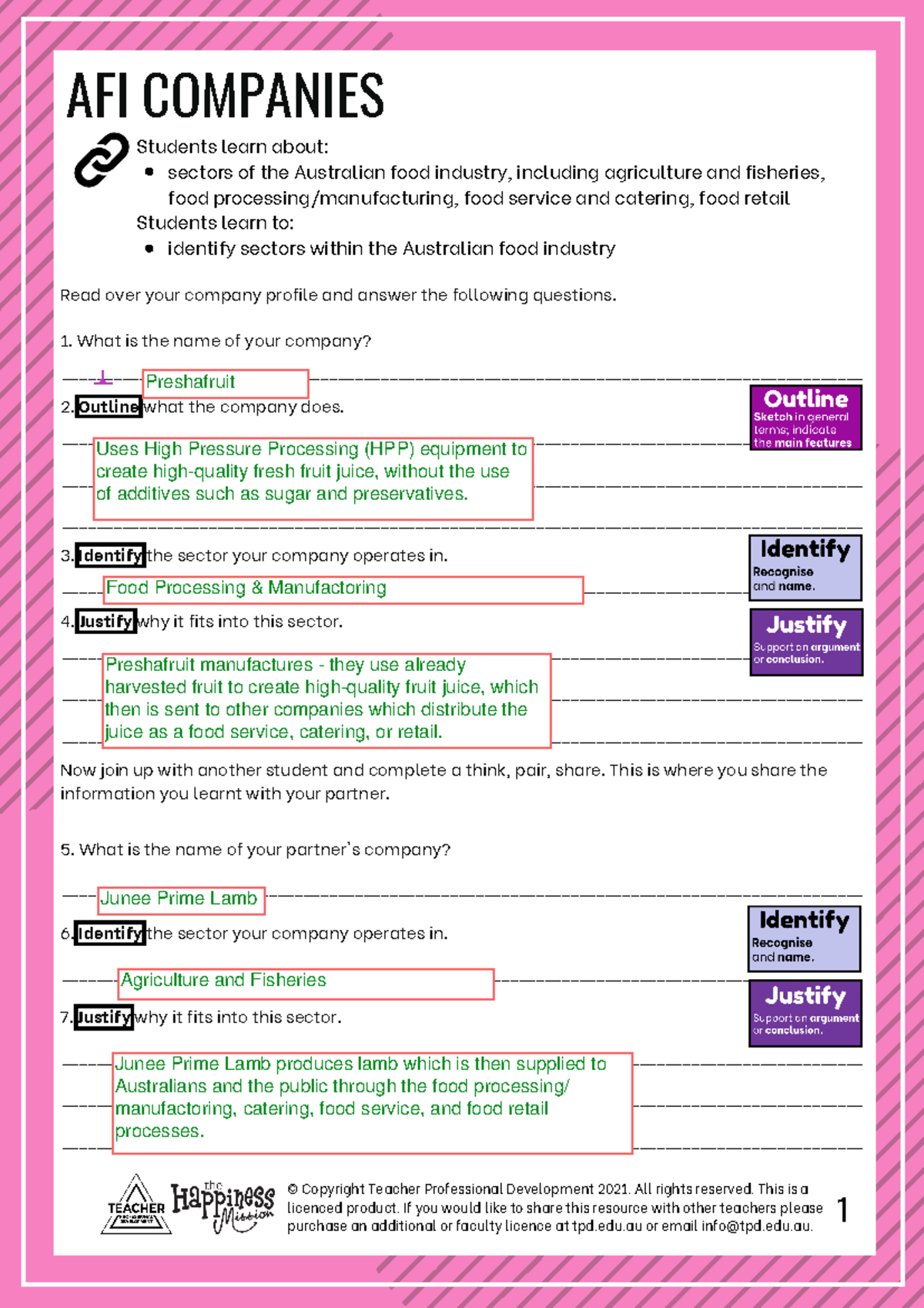 AFI Companies Worksheet - Read over your company profile and answer the ...