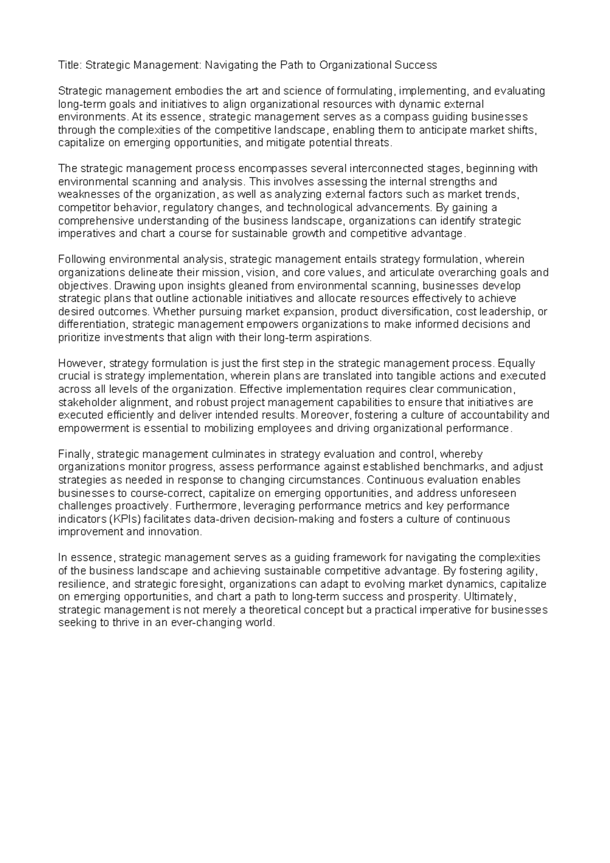 Mgmt - Title: Strategic Management: Navigating the Path to ...