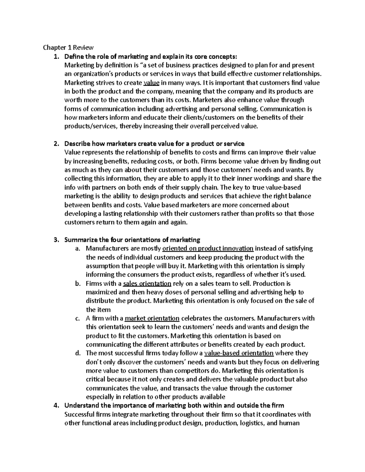 Marketing Midterm Review - Chapter 1 Review 1. Deine the role of ...