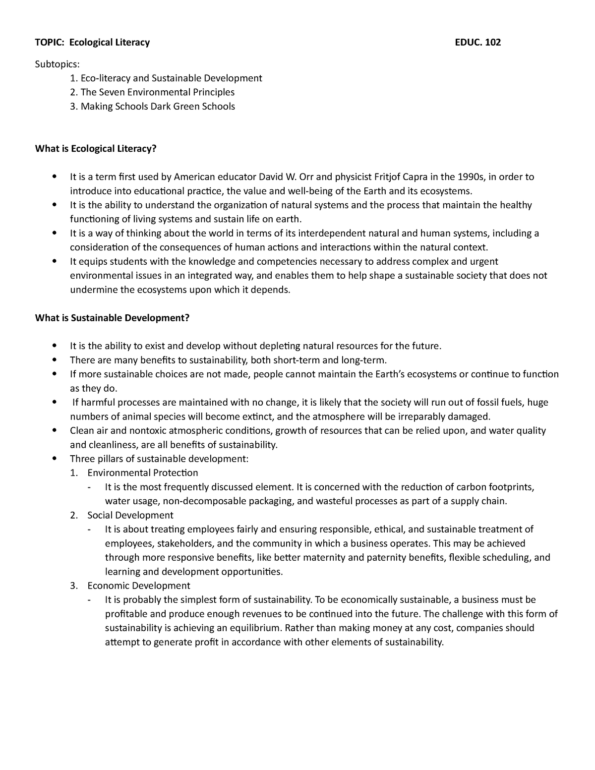 Handout #5 Eco Literacy - TOPIC: Ecological Literacy EDUC. 102 ...