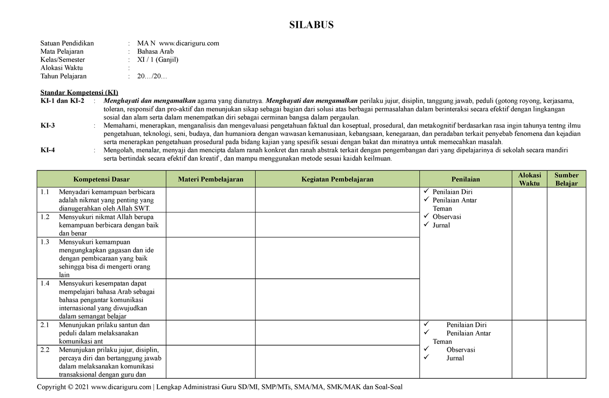 07. Silabus B Arab Dicariguru - SILABUS Satuan Pendidikan : MA N ...