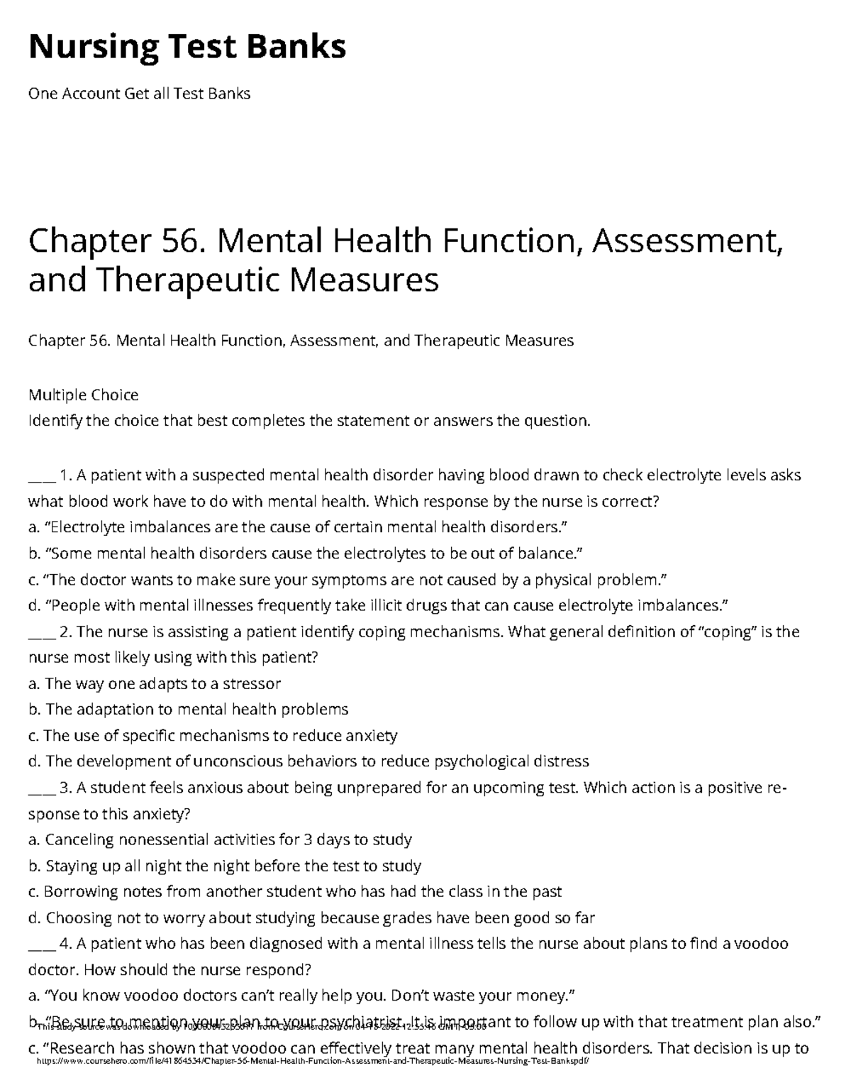 Chapter 56 Mental health therapeutic communication Nursing Test Banks