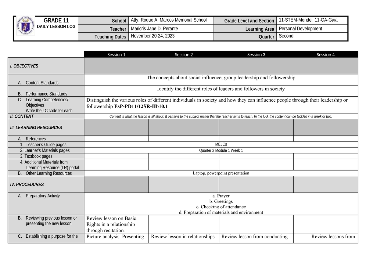 Module 1 week 1 Nov. 21-25, 2022 - Copy - GRADE 11 DAILY LESSON LOG ...