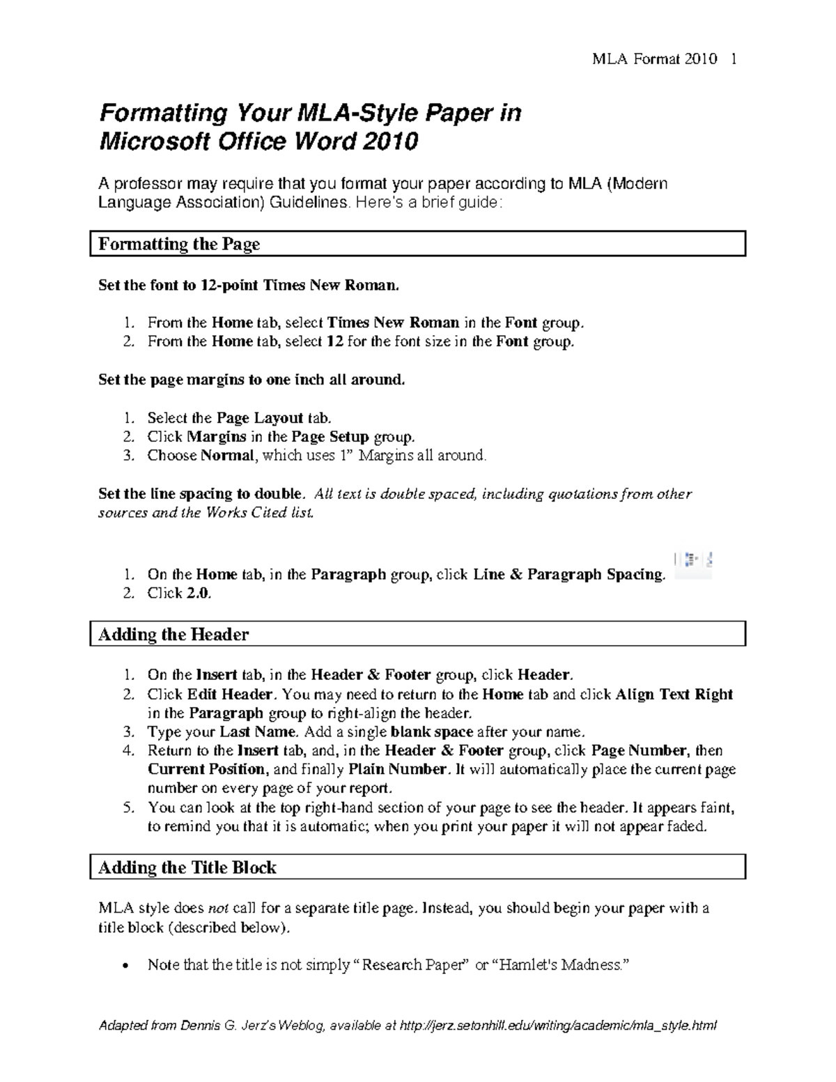 Formatting Mla Paper How To Format In Mla Mla Format 2010 1 Adapted From Dennis G Jerzs 5408