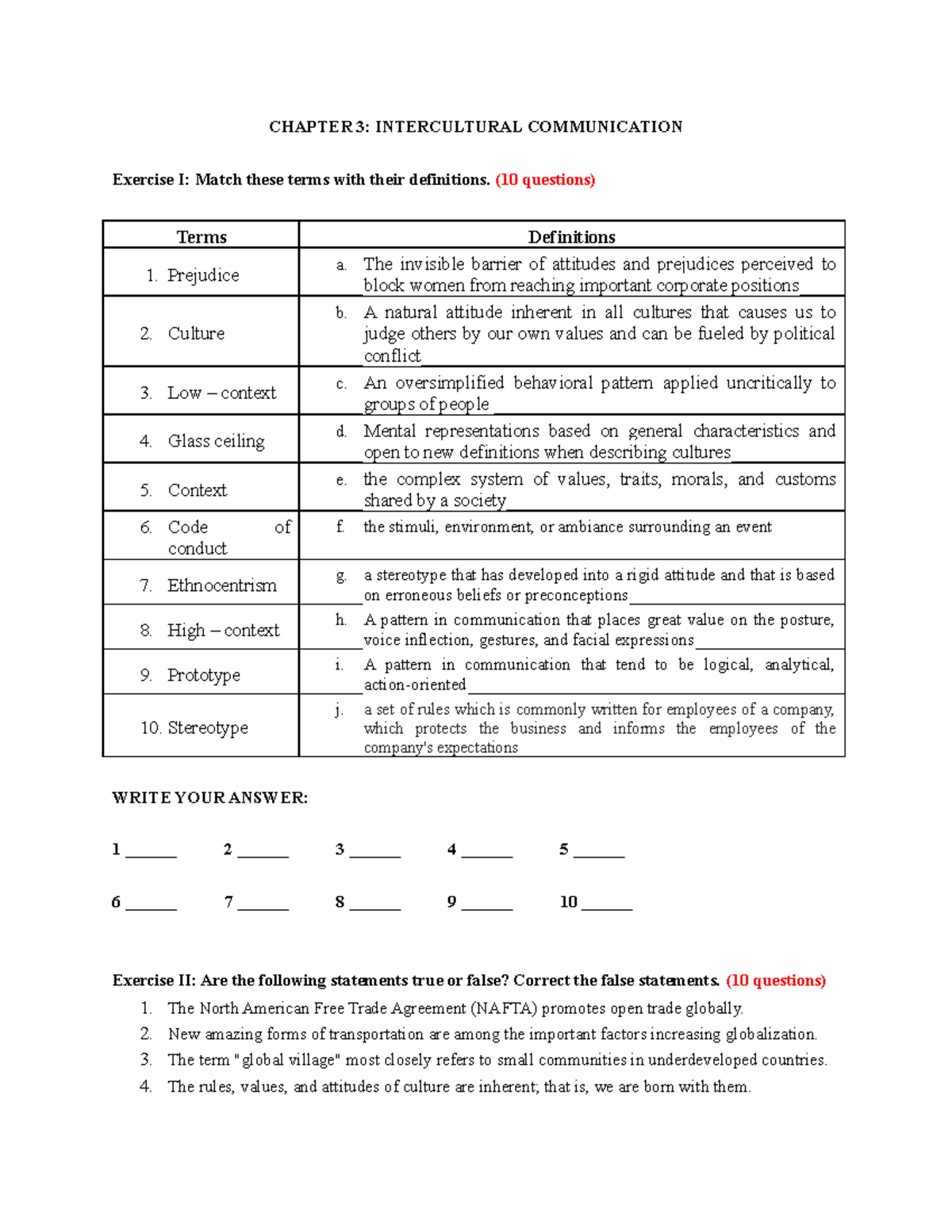 Chapter 3 - Bjbmb - CHAPTER 3: INTERCULTURAL COMMUNICATION Exercise I ...