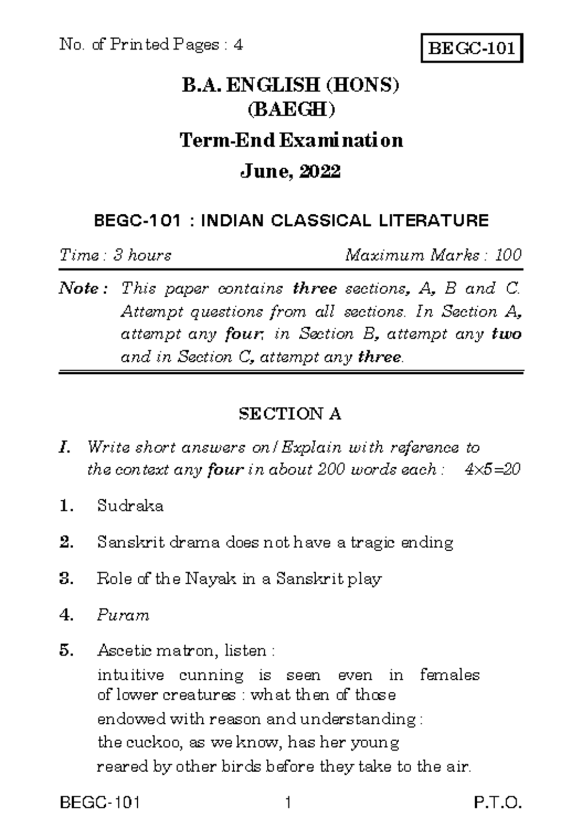 BEGC-101 - T. BEGC- B. ENGLISH (HONS) (BAEGH) Term-End Examination June ...