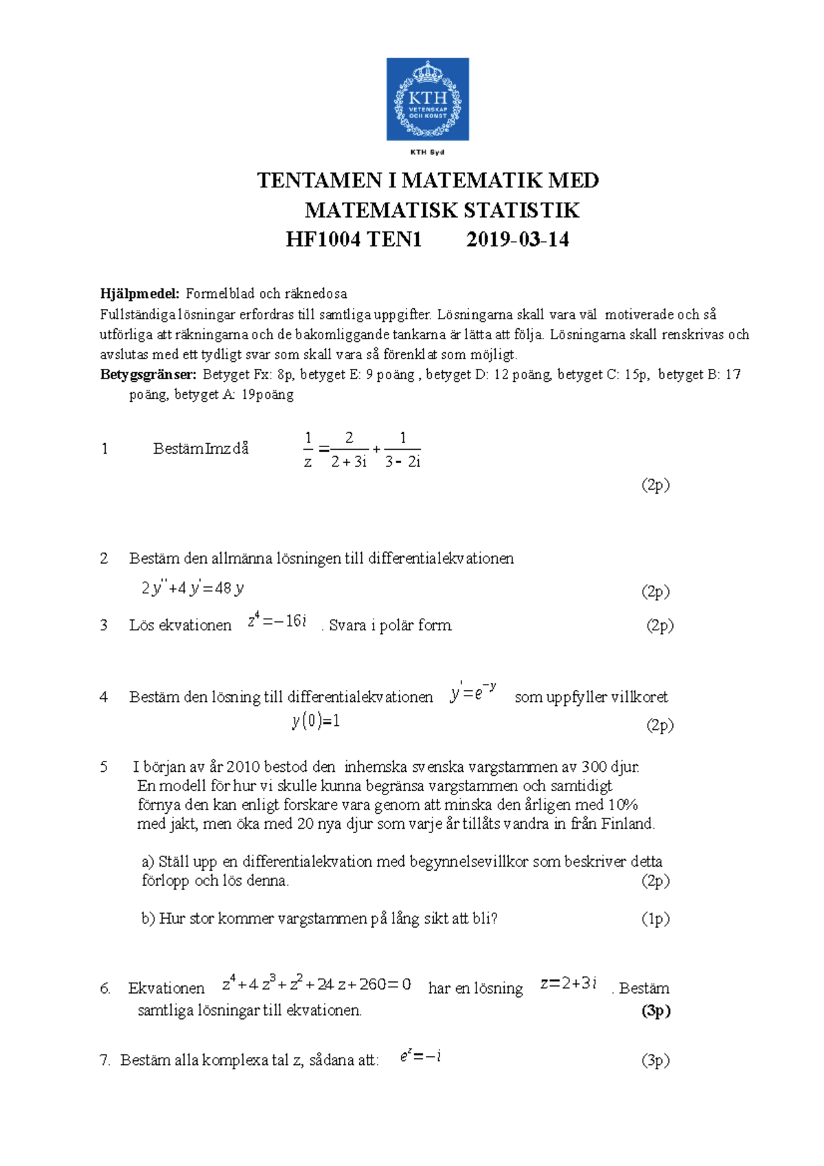 Tenta 1 HF1004 Matematik - TENTAMEN I MATEMATIK MED MATEMATISK ...