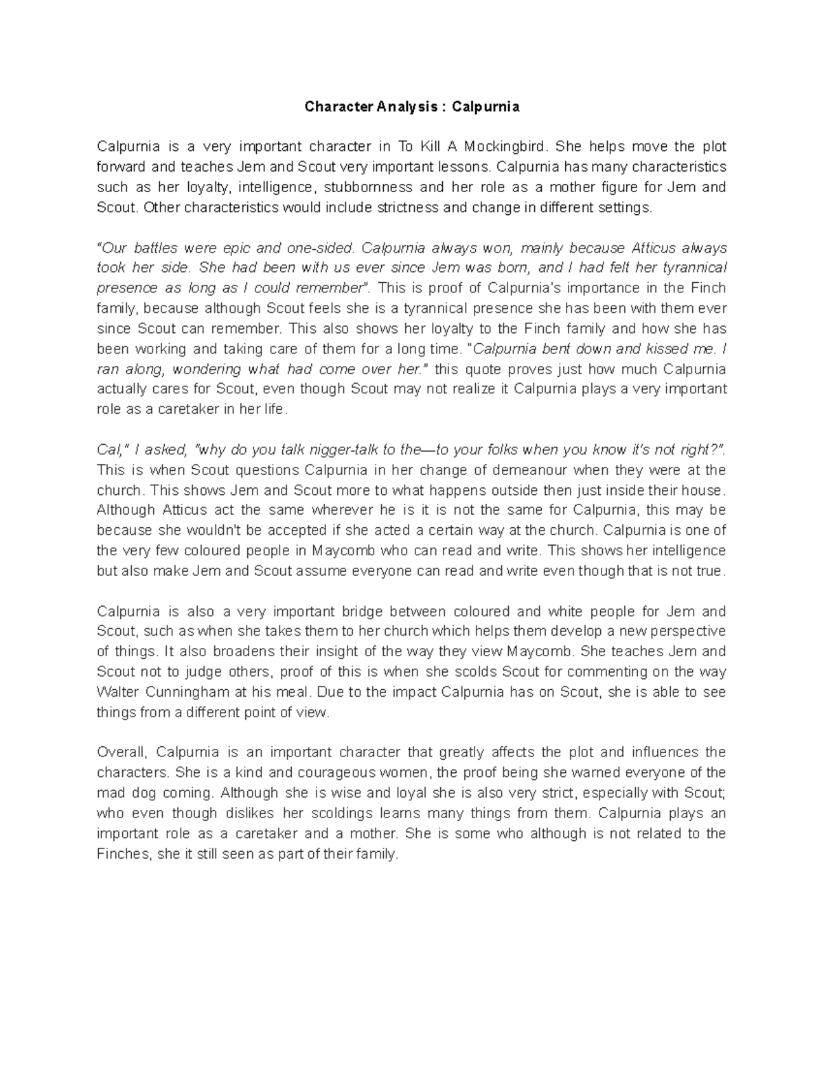 Grade 10 English TKAM Calpurina Character Analysis Character Analysis