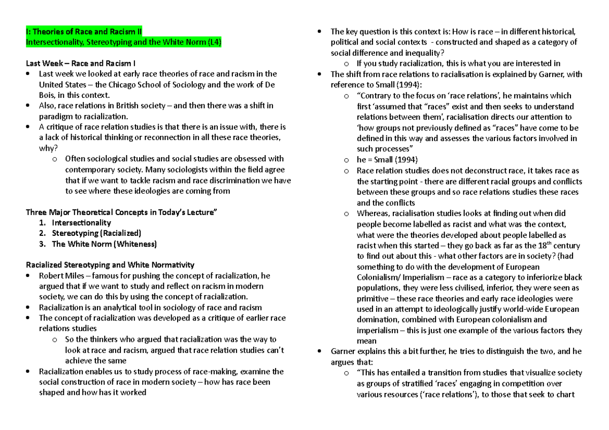 Race and Racism Exam Material - I: Theories of Race and Racism II ...