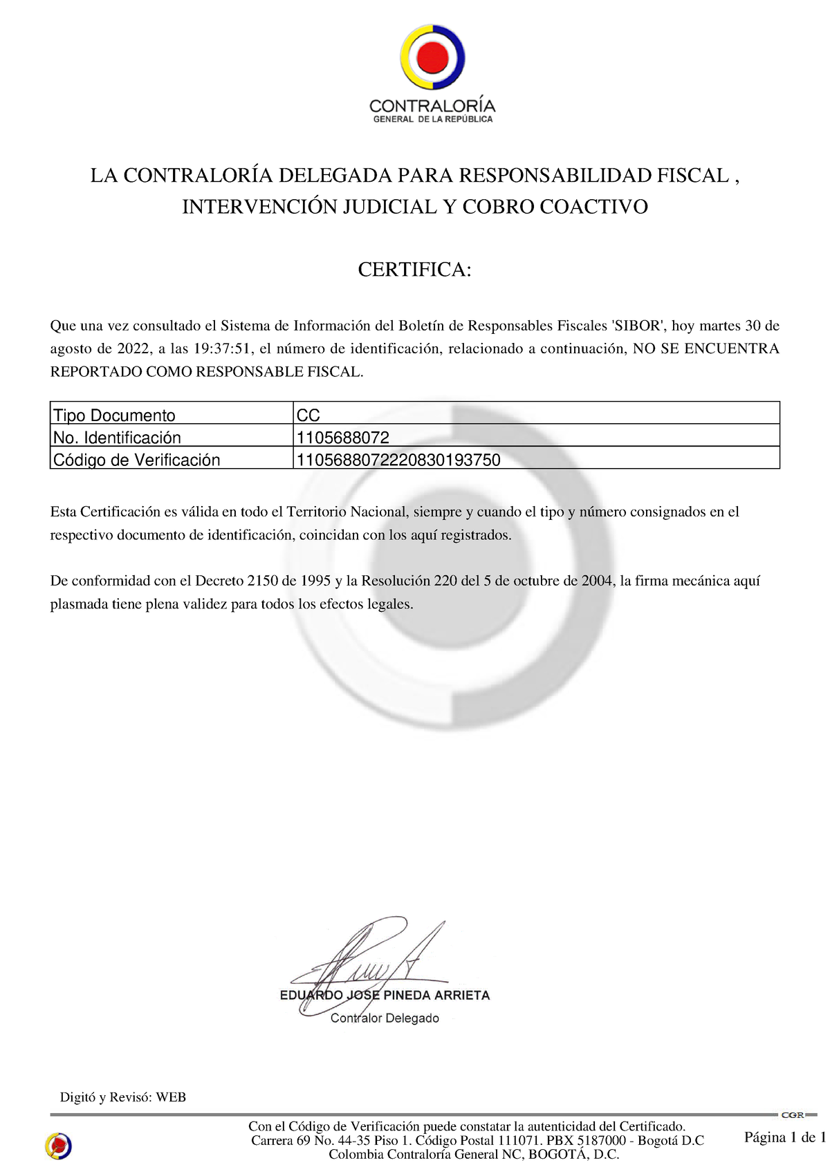 Contraloria certificado LA CONTRALORÍA DELEGADA PARA RESPONSABILIDAD