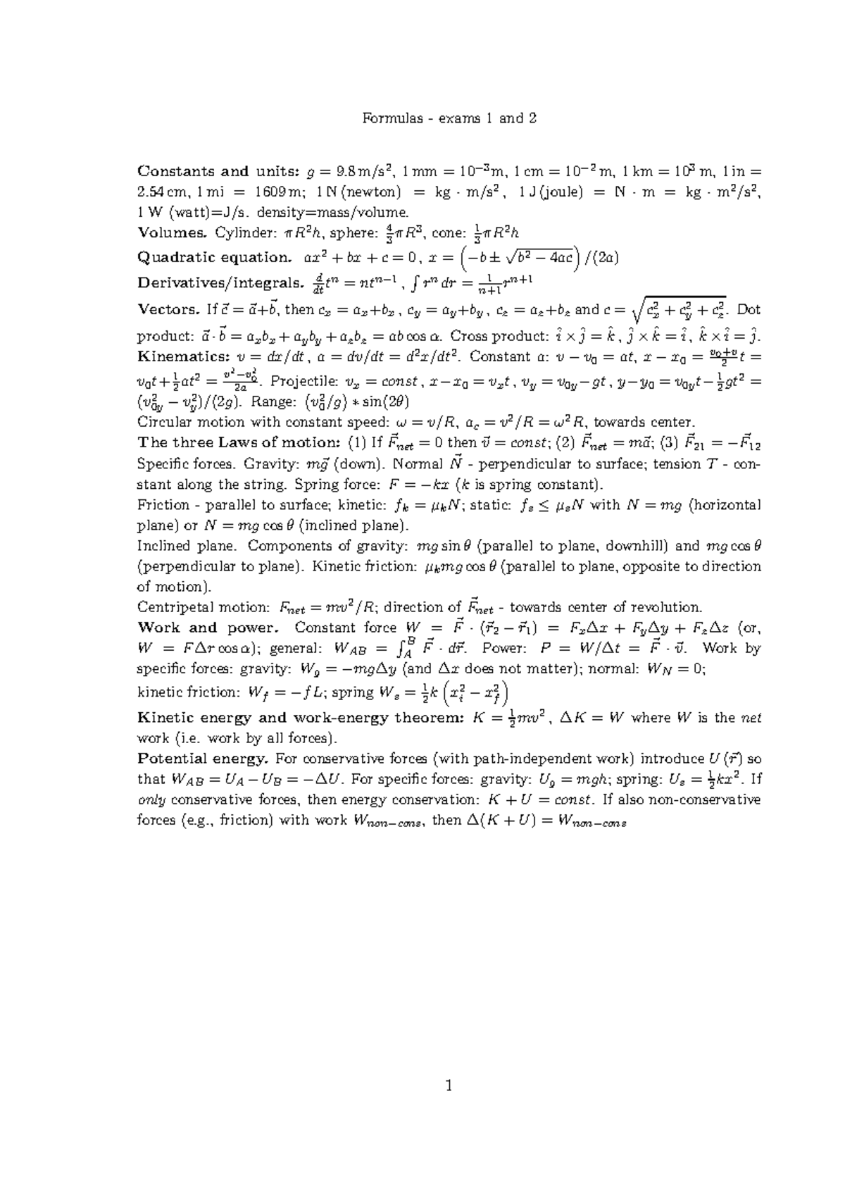 Formula Chart, Phys111, common exams 1and2 (1)-2 - Formulas - exams 1 ...